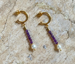 Vergoldete 925 Silber Ohrringe mit Amethysten und Perlen