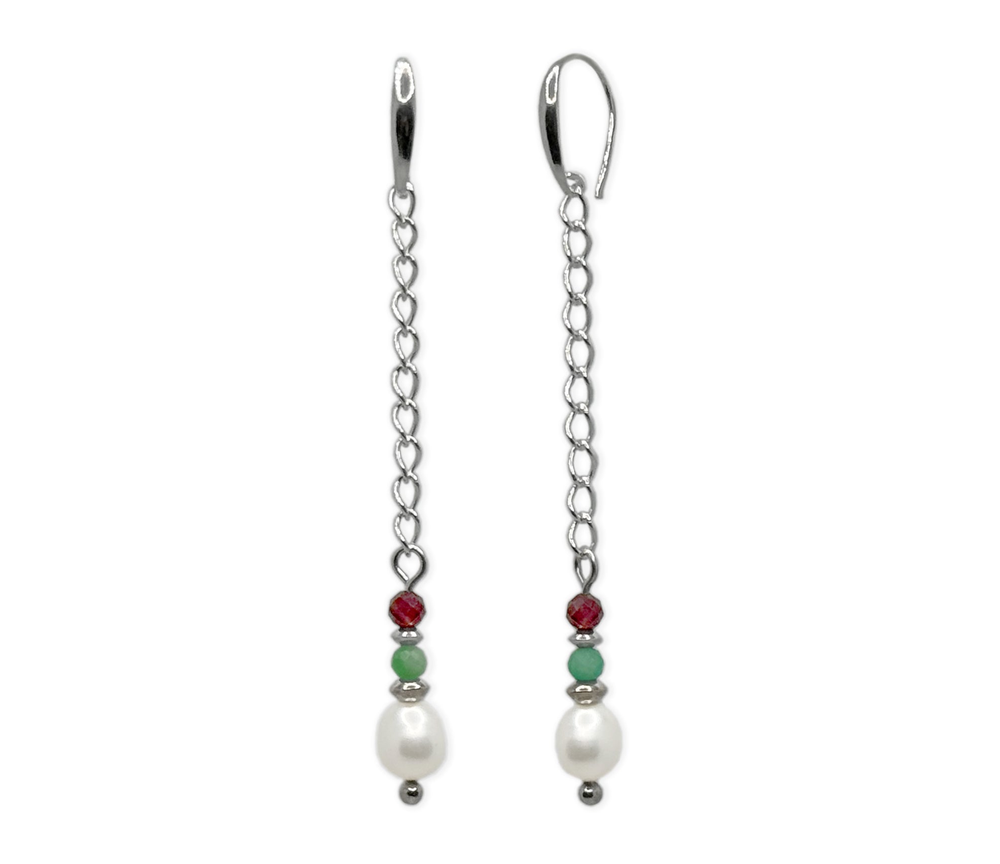 Lange 925 Silber Ohrringe mit Smaragden, Granaten und Süsswasserperlen