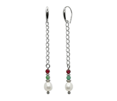 Lange 925 Silber Ohrringe mit Smaragden, Granaten und Süsswasserperlen
