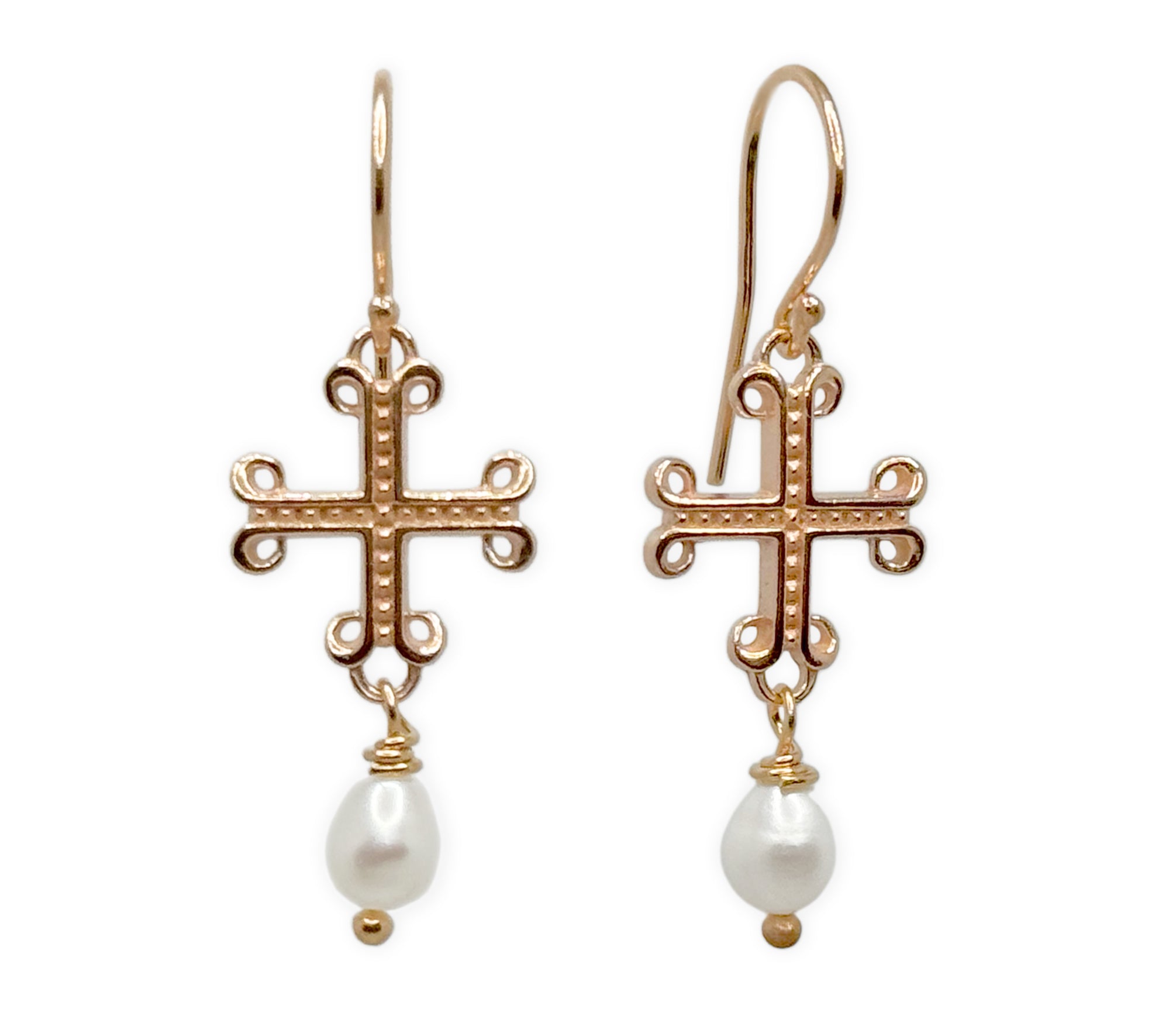 925 Silber Ohrringe mit gotischem Roségold-Kreuz und weißen Perlen