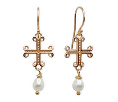 925 Silber Ohrringe mit gotischem Roségold-Kreuz und weißen Perlen