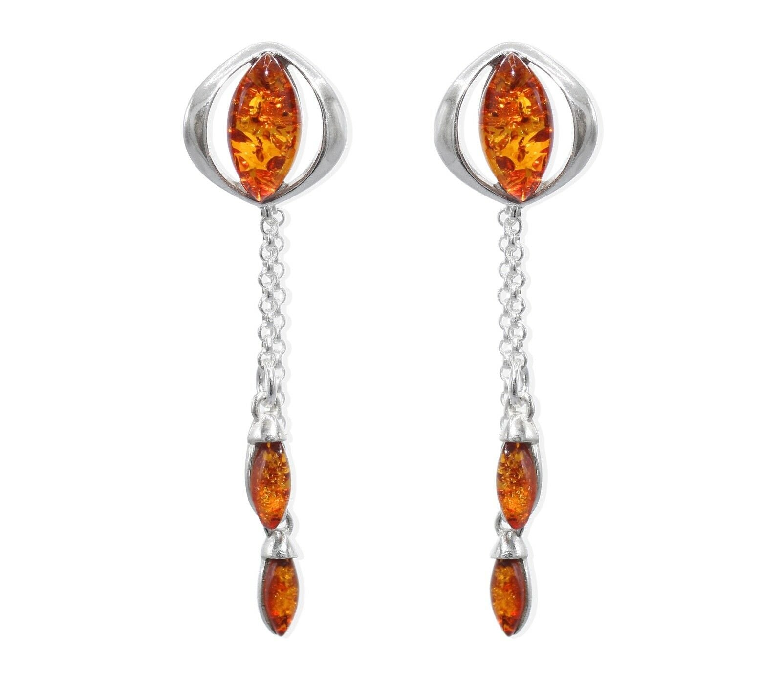 Elegante 925 Silber Kettenohrringe Ohrhänger mit Bernsteintropfen