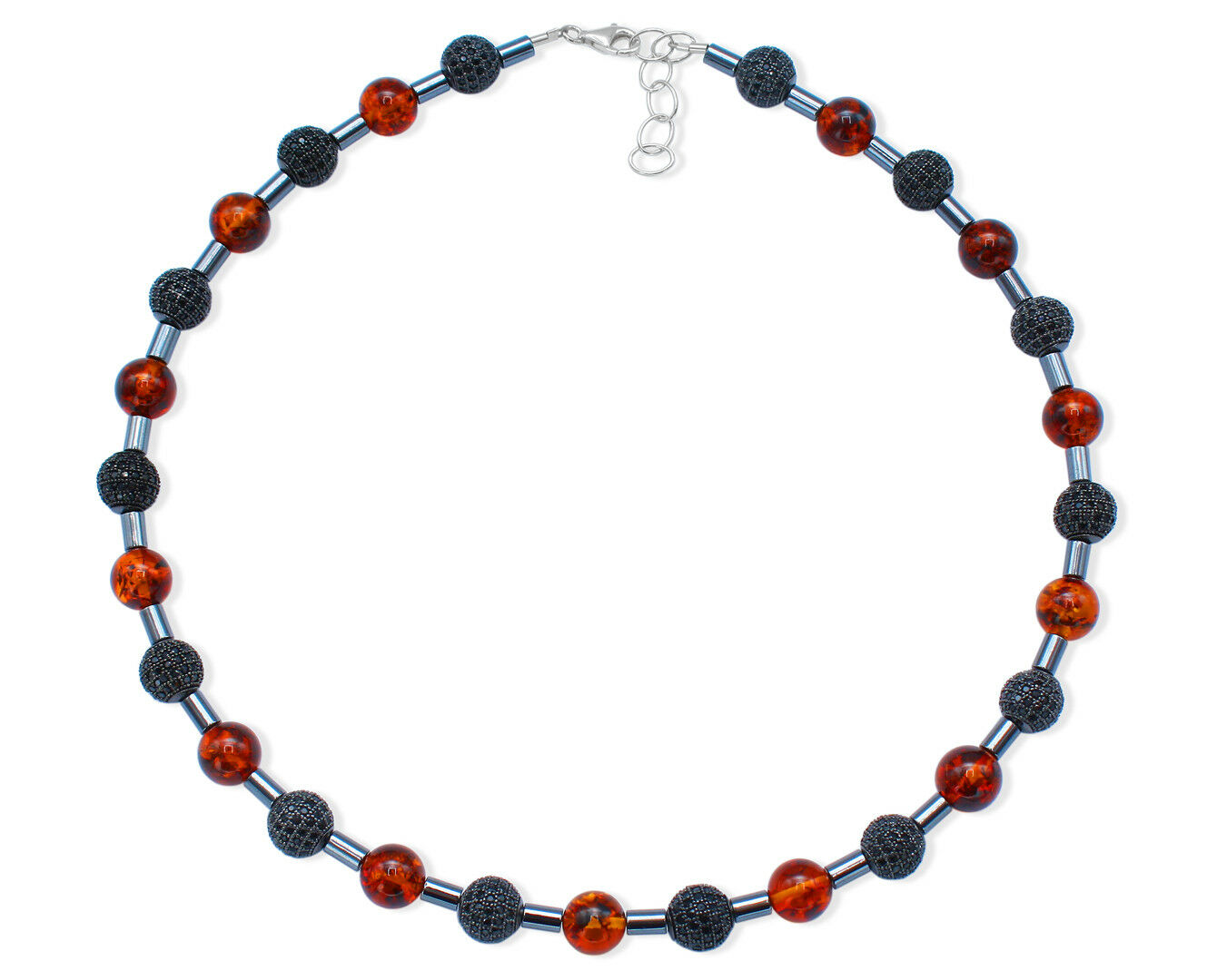 Schwarzes Bernstein Collier mit glitzernden Zirkonen und Hämatit