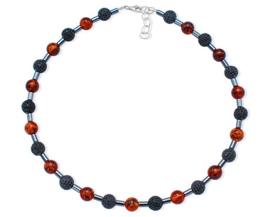 Schwarzes Bernstein Collier mit glitzernden Zirkonen und Hämatit
