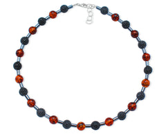 Schwarzes Bernstein Collier mit glitzernden Zirkonen und Hämatit