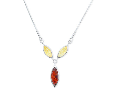 925 Silber Kette mit drei ovalen Bernsteinen in Gelb und Cognacfarbe