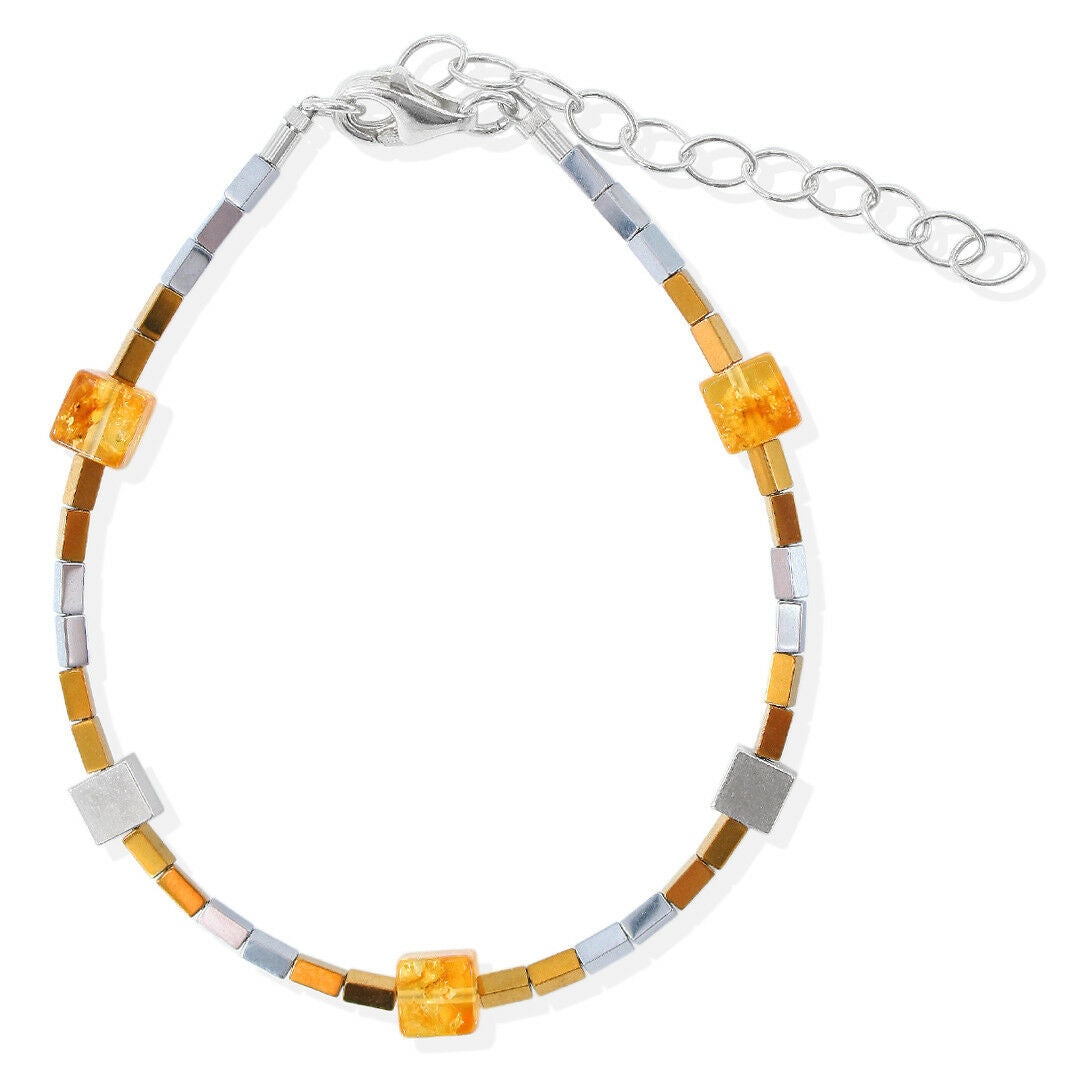 Gold- und Silberfarbiges Bernstein-Cube Hämatit Armband mit 925 Silber