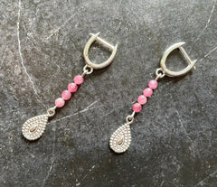 925 Silber Brisur Ohrringe mit Tropfenform und rosa Turmalin