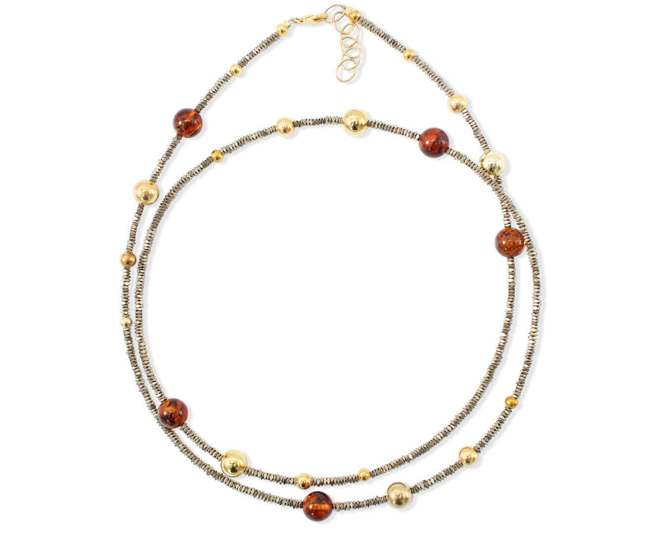 Langes Collier mit Hämatit, vergoldeten Kugeln und Bernstein in Cognacfarbe