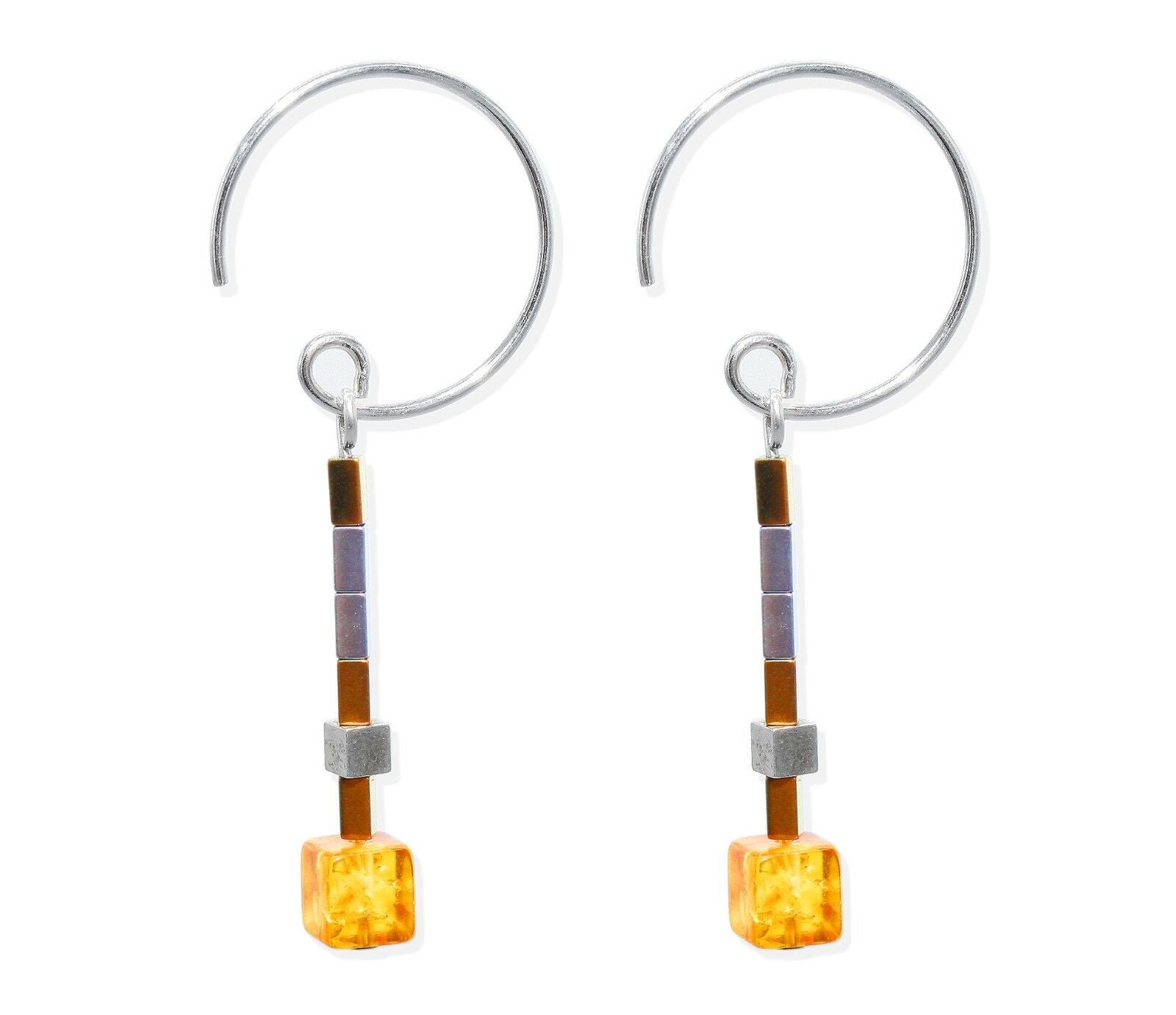 Goldfarbige Bernstein-Cube Hämatit Creolen Ohrringe mit 925 Silber