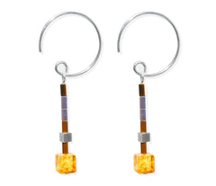 Goldfarbige Bernstein-Cube Hämatit Creolen Ohrringe mit 925 Silber