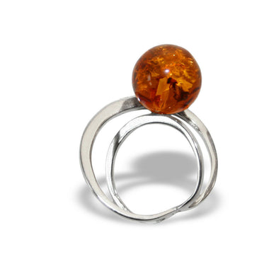 925 Silber Bernsteinkugel Doppel-Ring in Cognacfarbe
