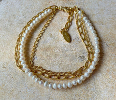 Mehrreihiges vergoldetes 925 Silber Armband mit Zuchtperlen