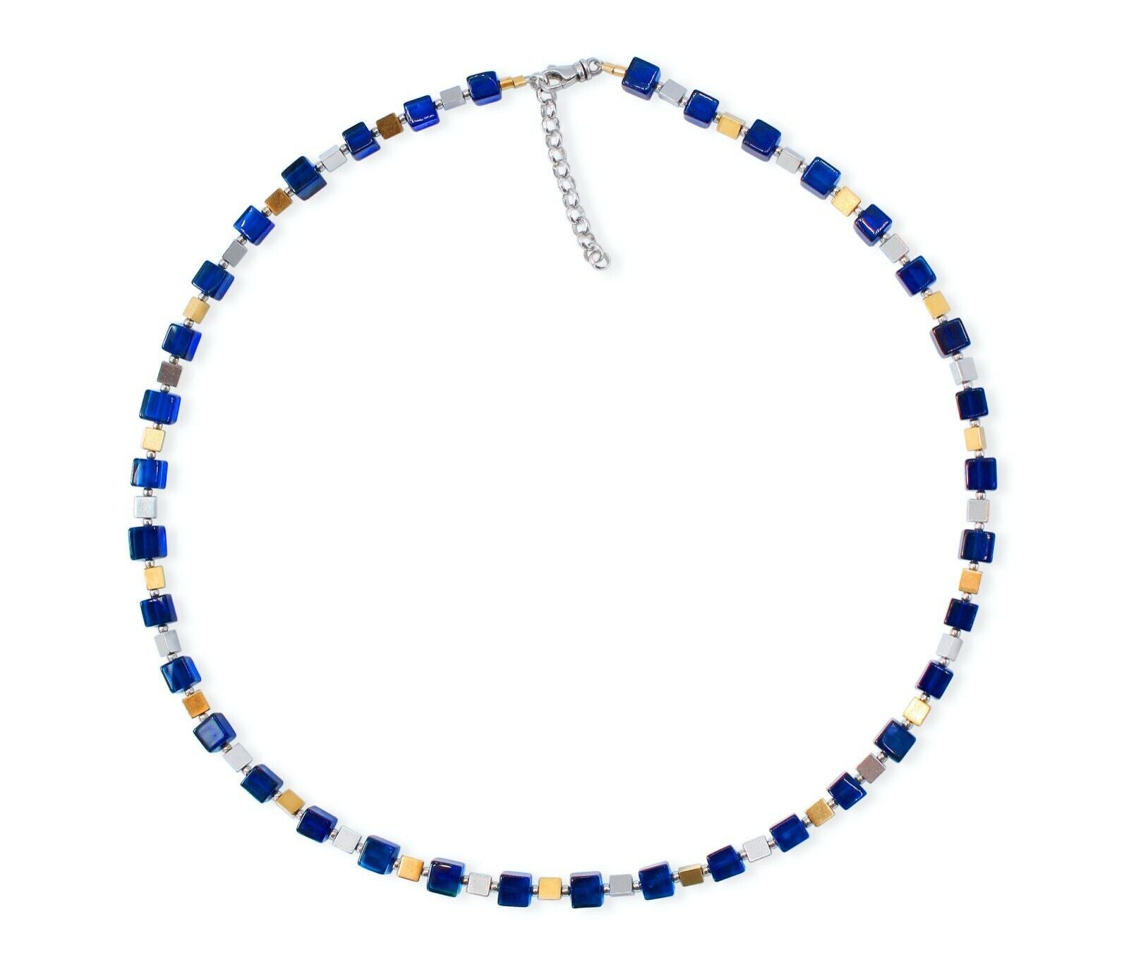 Elegantes Collier mit vergoldetem und rhodiniertem 925 Silber mit blauen Bernstein-Cubes