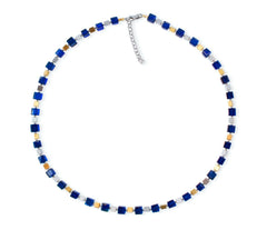 Elegantes Collier mit vergoldetem und rhodiniertem 925 Silber mit blauen Bernstein-Cubes