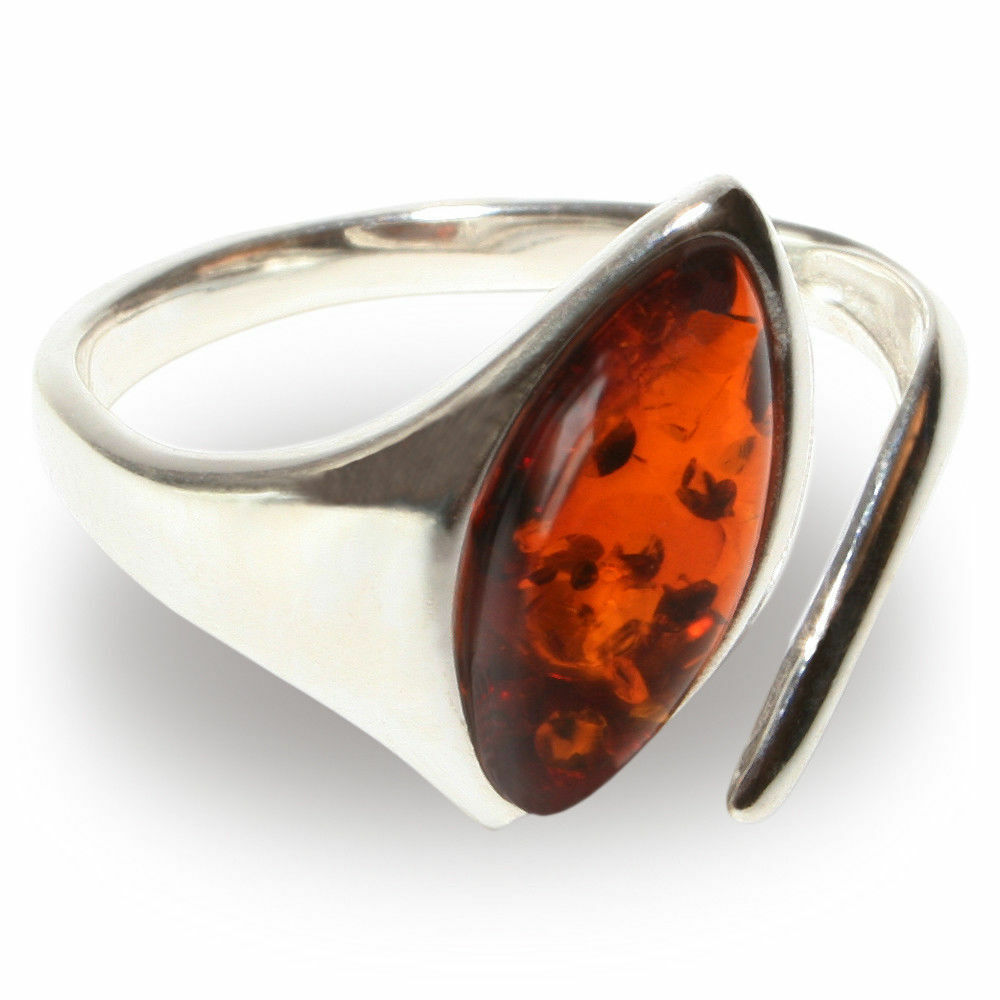 925 Silber Ring mit Bernstein im Marquise-Schliff