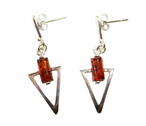 925 Silber Bernstein Ohrringe Ohrstecker mit Dreiecksform und Cognacfarbe
