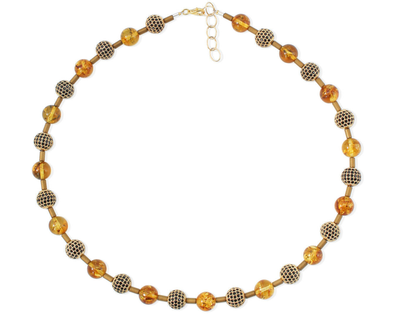 Gelbes Bernstein Collier mit glitzernden Zirkonen und Hämatit