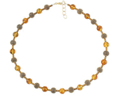 Gelbes Bernstein Collier mit glitzernden Zirkonen und Hämatit