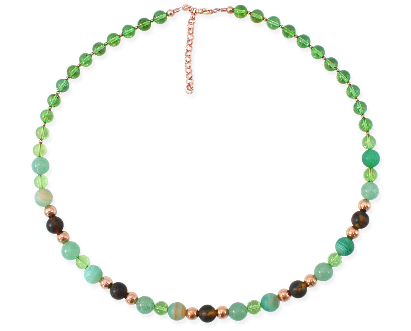 Elegantes Mineralmix Collier mit grünem braunem Bernstein und Rosegold