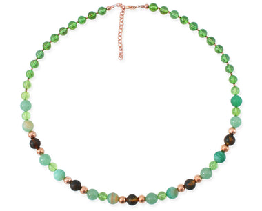 Elegantes Mineralmix Collier mit grünem braunem Bernstein und Rosegold