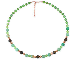Elegantes Mineralmix Collier mit grünem braunem Bernstein und Rosegold