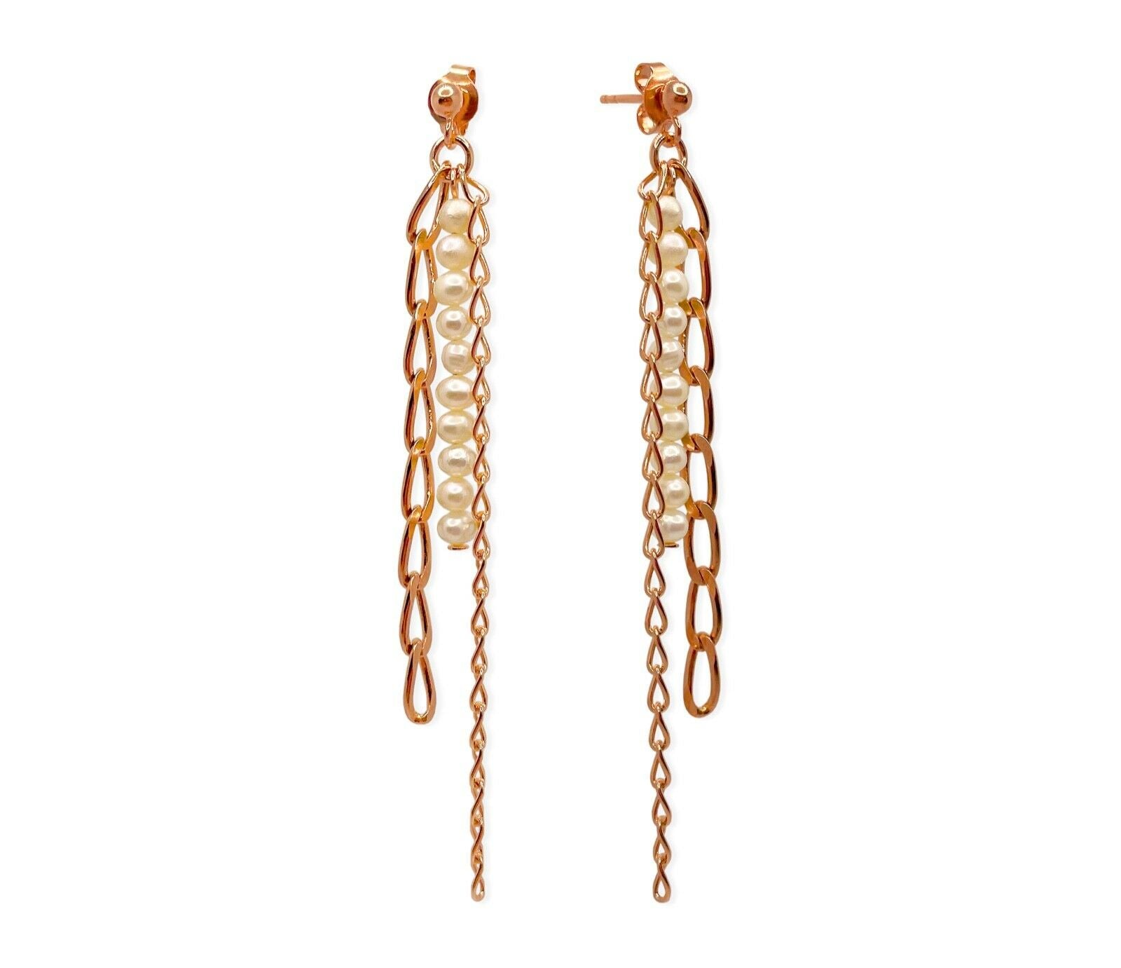 Lange Rosegold 925 Silber Ohrringe mit weißen Zuchtperlen