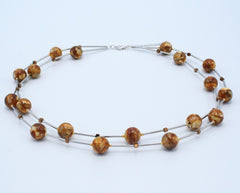 Zweireihige Rohbernstein Kette Collier aus Edelstahl