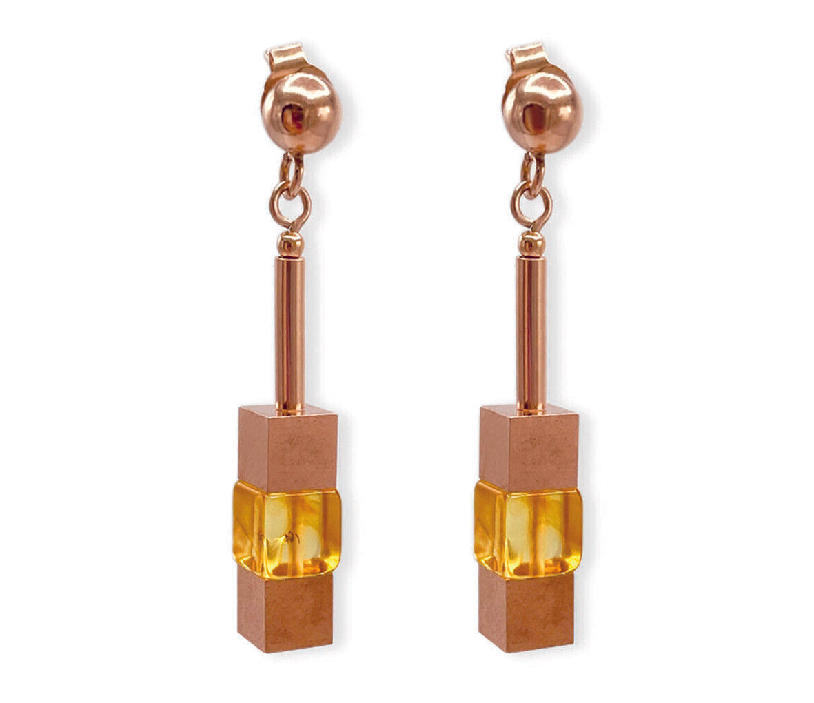 Elegante gelbe Bernstein Ohrringe aus Rosegold 925 Silber Cubes