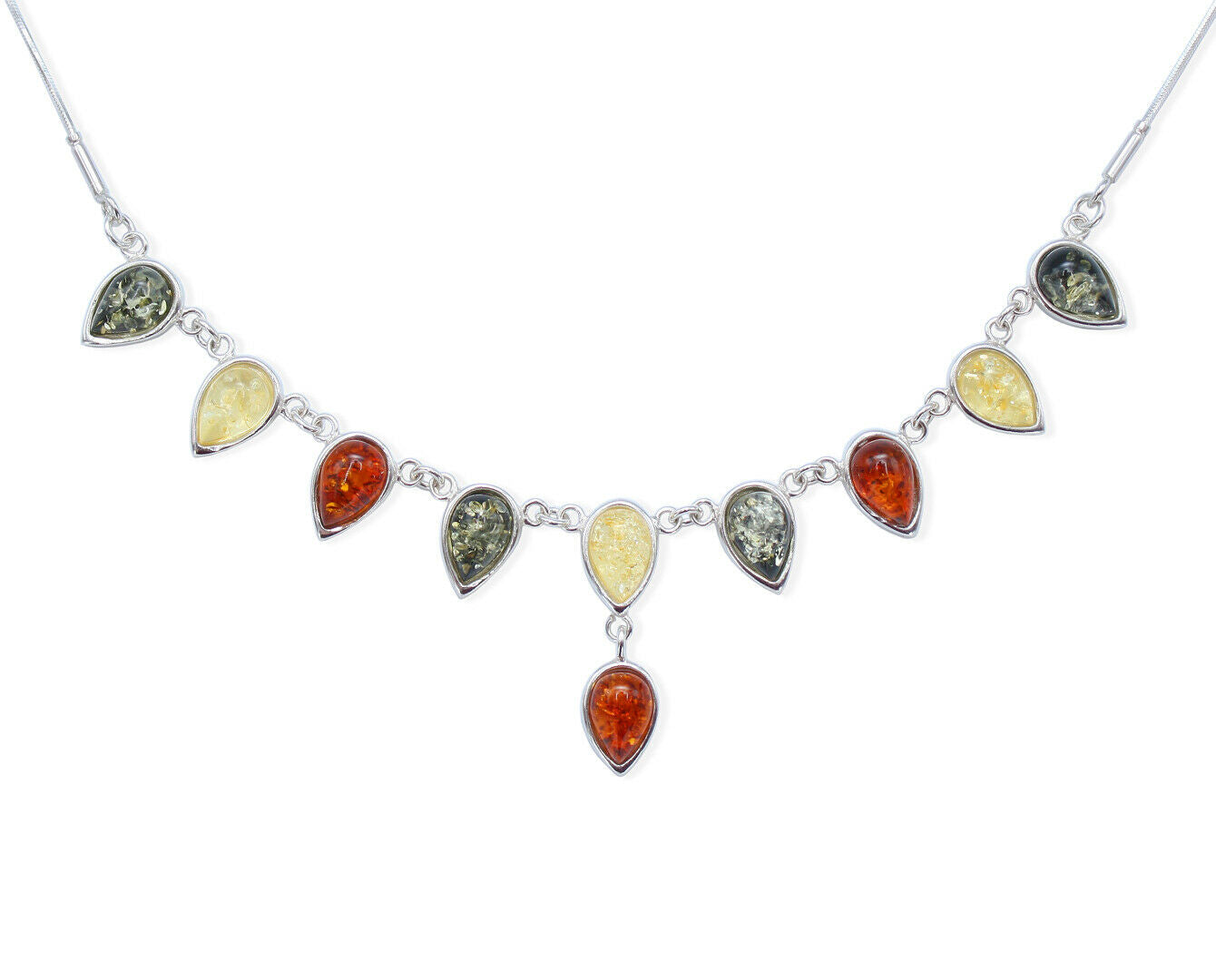Elegantes Silber Collier mit Bernsteintropfen in Gelb, Grün und Cognac