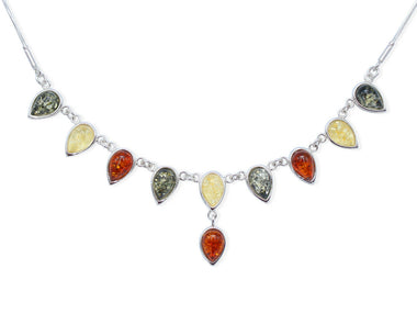 Elegantes Silber Collier mit Bernsteintropfen in Gelb, Grün und Cognac