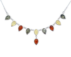 Elegantes Silber Collier mit Bernsteintropfen in Gelb, Grün und Cognac