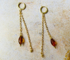 Lange Klappbrisuren Ketten Ohrringe mit facettiertem Bernstein und vergoldetem 925 Silber