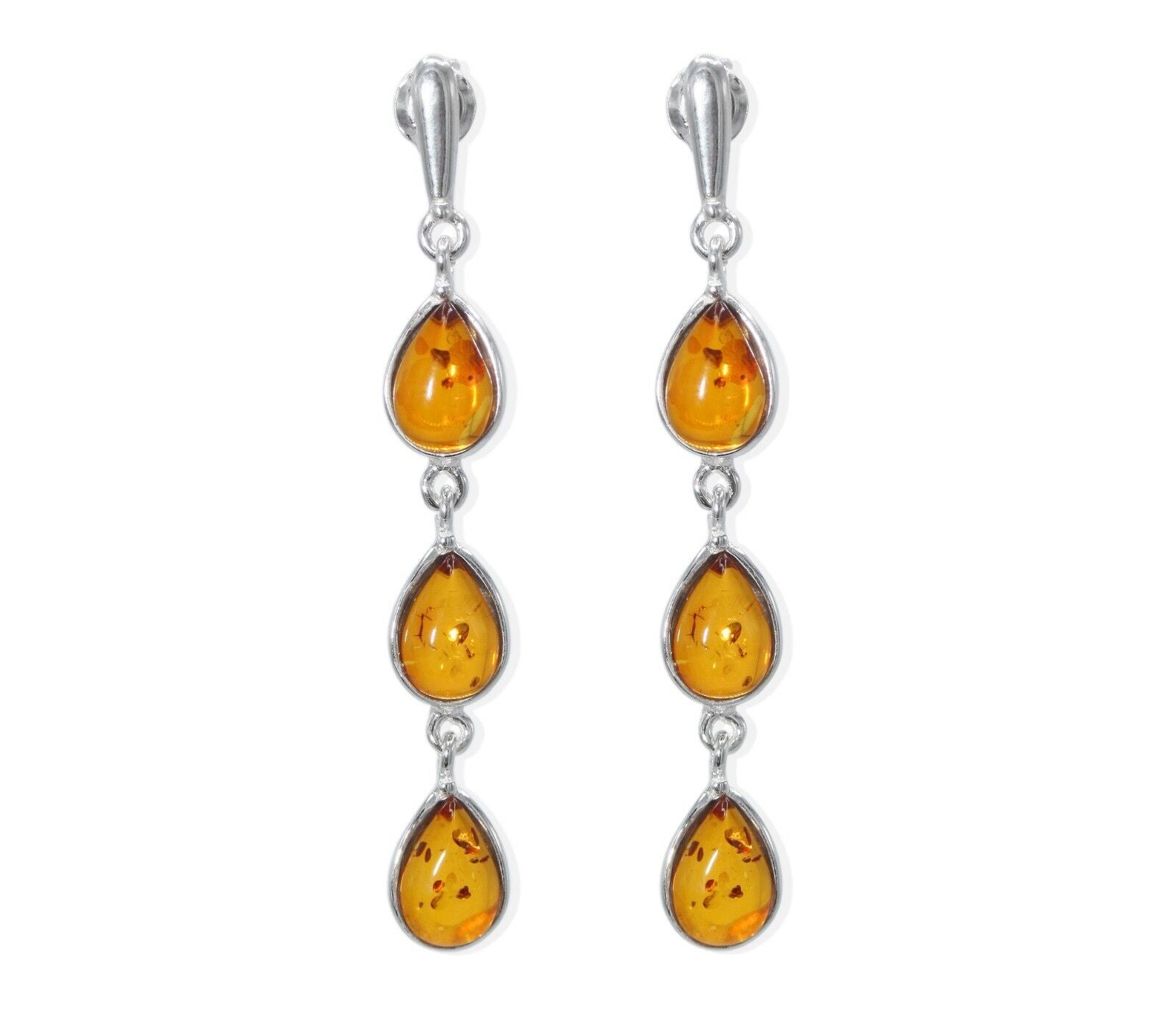 925 Silber Ohrstecker mit Cognacfarbenem Bernstein in Tropfenschliff