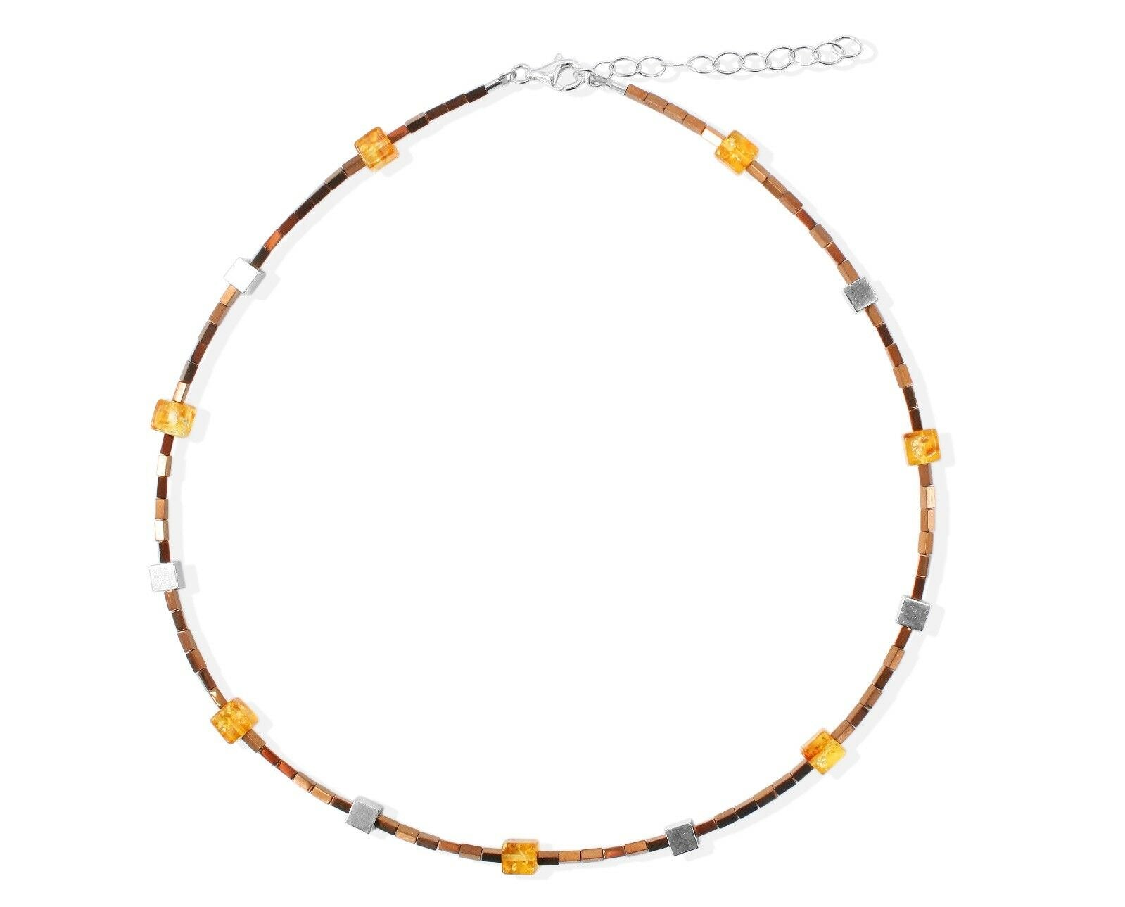 Bronzefarbiges Bernstein-Cube Hämatit Collier mit 925 Silber