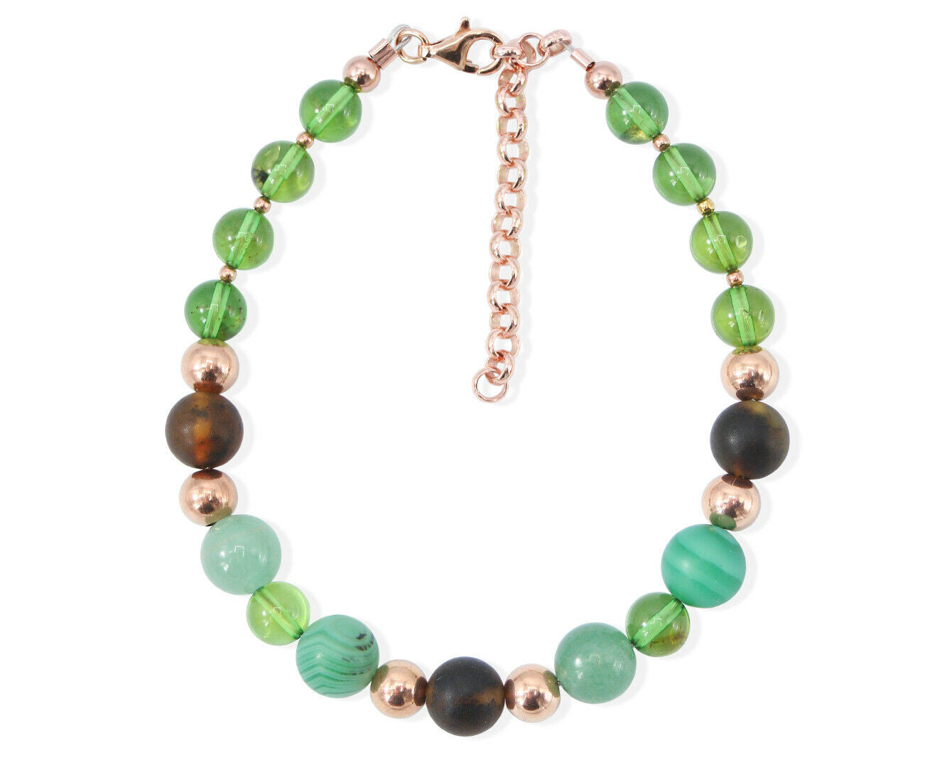 Elegantes Mineralmix Armband mit grünem braunem Bernstein und Roségold