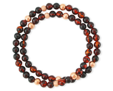 Doppelumwickeltes Bernstein Armband in Kirschfarbe und Roségold 925 Silberkugeln