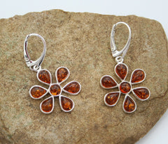 925 Silber Ohrringe mit Bernstein in Cognacfarbe in Blumenform