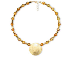 Bernstein Collier mit vergoldetem 925 Silber Diskus und Hämatitwalzen