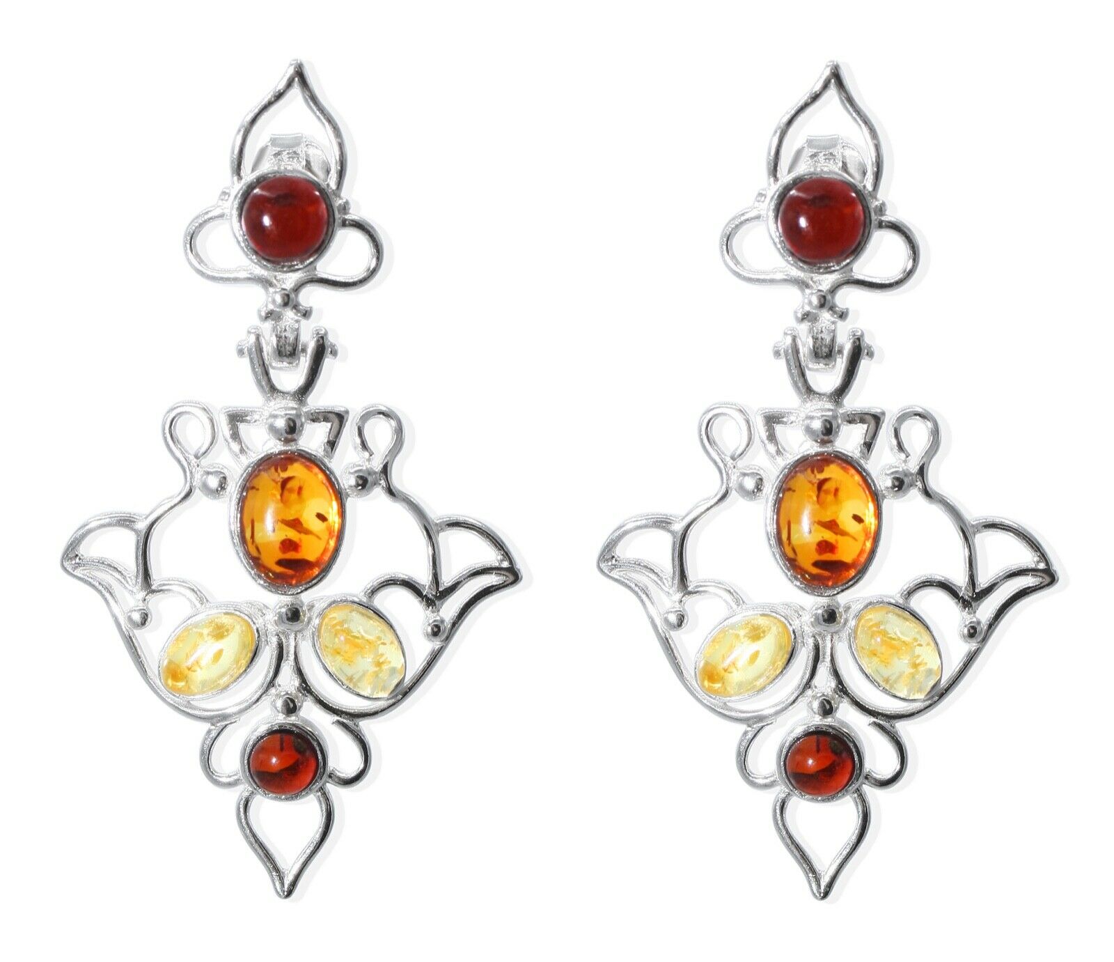Ornamentale 925 Silber Ohrstecker Ohrringe mit mehrfarbigen Bernsteinen