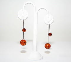 Längliche 925 Silber Ohrhänger mit Cognacfarbenen Bernsteinkugeln