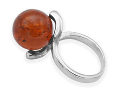 Gebogener cognacfarbener 925 Silber Bernstein-Kugel Ring