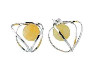 Umwickelte Ohrstecker Ohrringe mit gelber Bernsteinkugel und 925 Silber