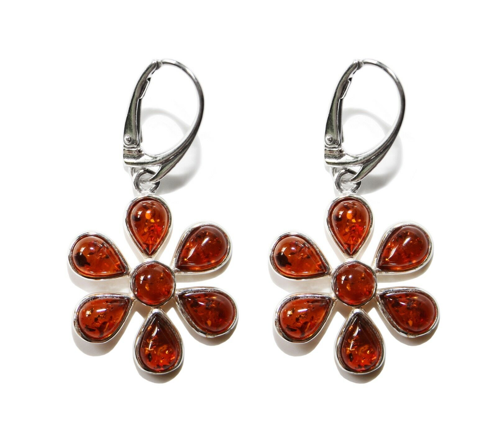 925 Silber Ohrringe mit Bernstein in Cognacfarbe in Blumenform