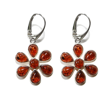 925 Silber Ohrringe mit Bernstein in Cognacfarbe in Blumenform