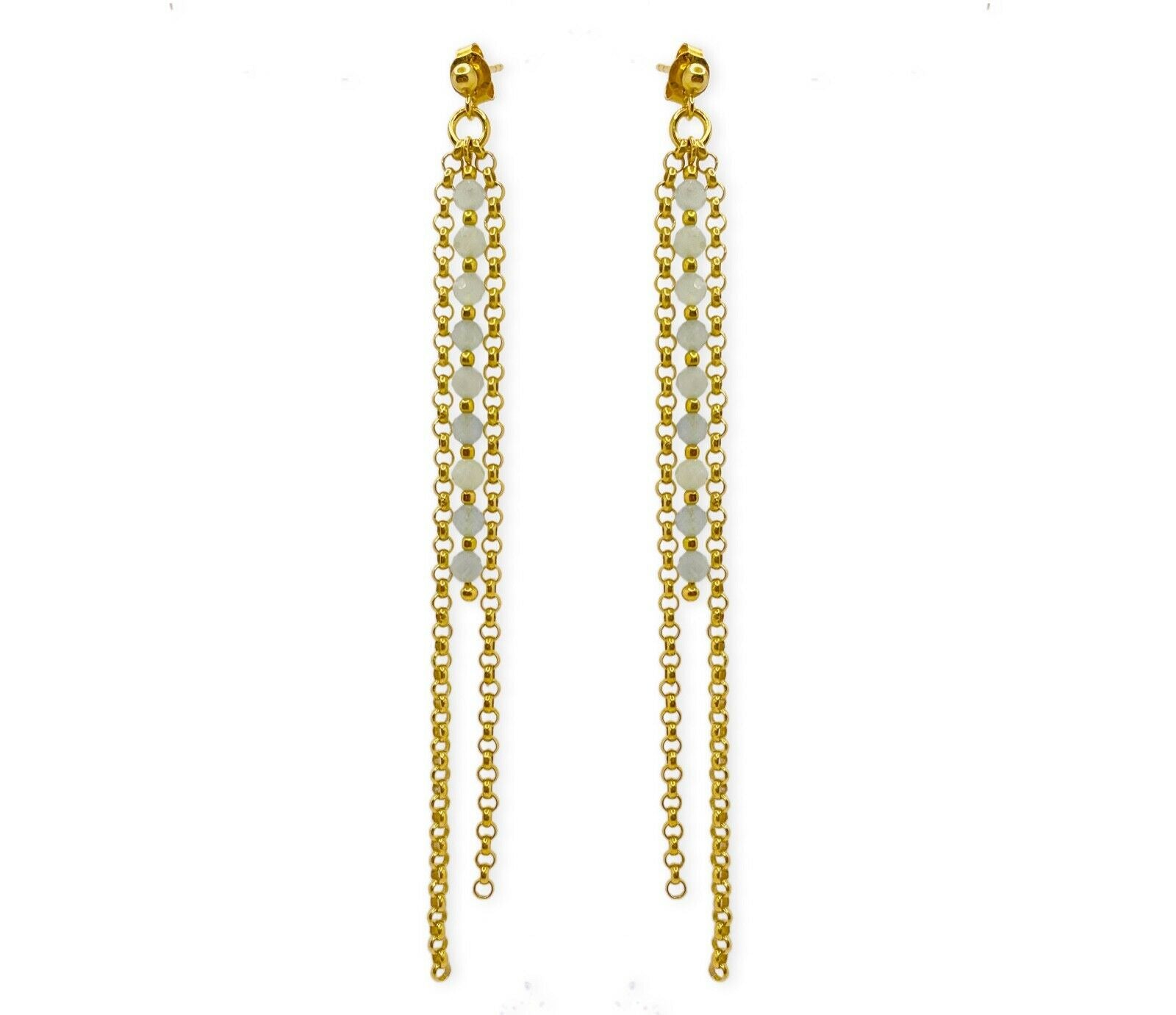 Lange vergoldete 925 Silber Ohrstecker mit facettierten Aquamarinsteinen