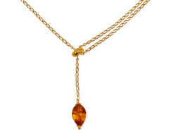 Vergoldete 925 Silber Y-Kette mit großem Bernstein in Cognacfarbe