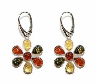 925 Silber Ohrringe mit mehrfarbigem Bernstein in Blumenform
