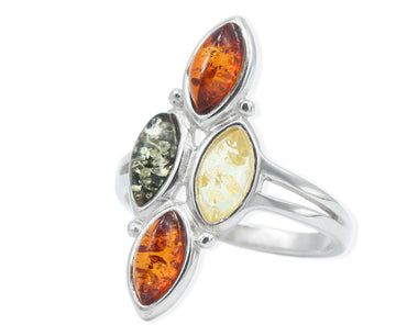 Rhombusförmiger 925 Silber Ring mit vier mehrfarbigen Bernsteinen