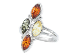 Rhombusförmiger 925 Silber Ring mit vier mehrfarbigen Bernsteinen